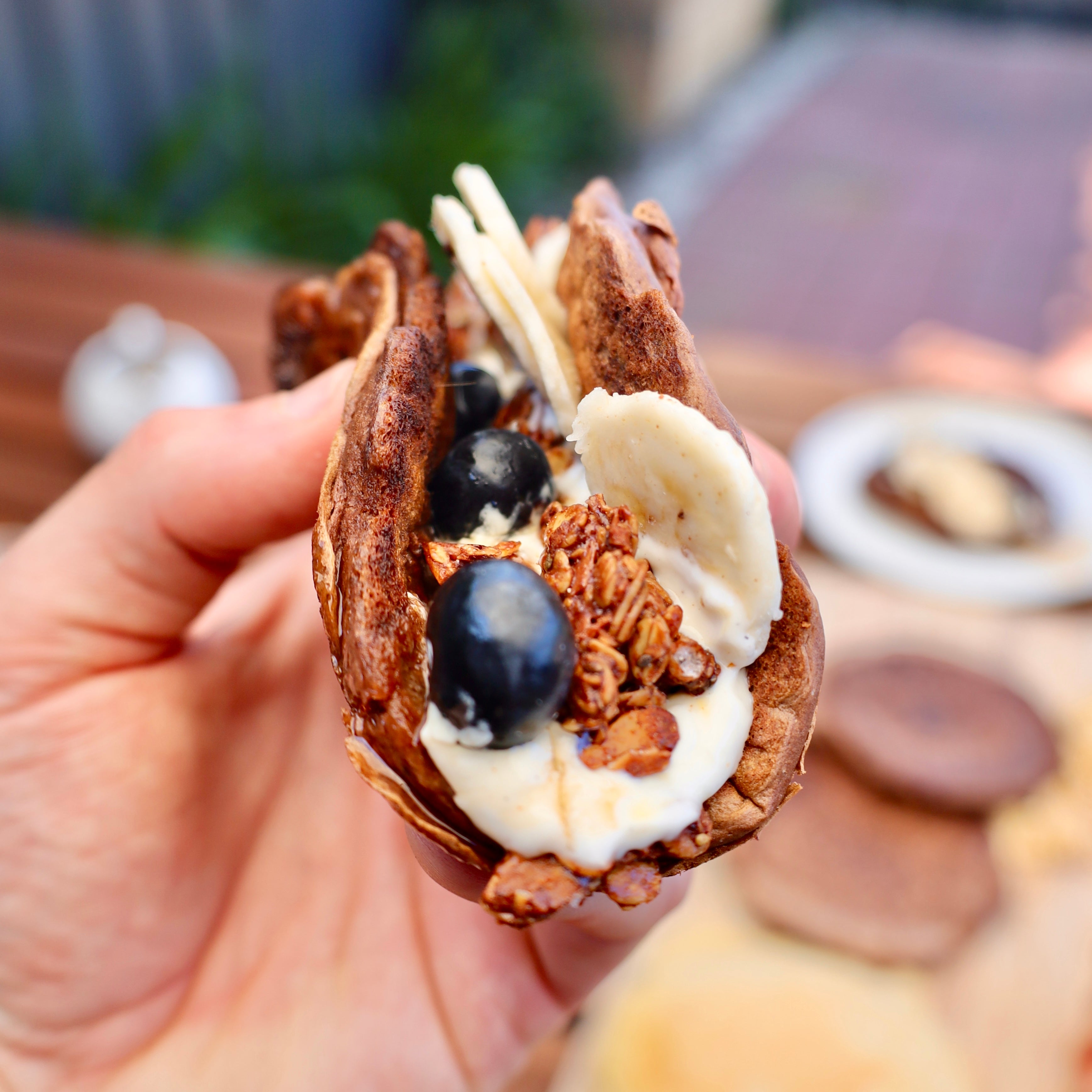 pancake tacos with bacon eggs chocolate yoghurt