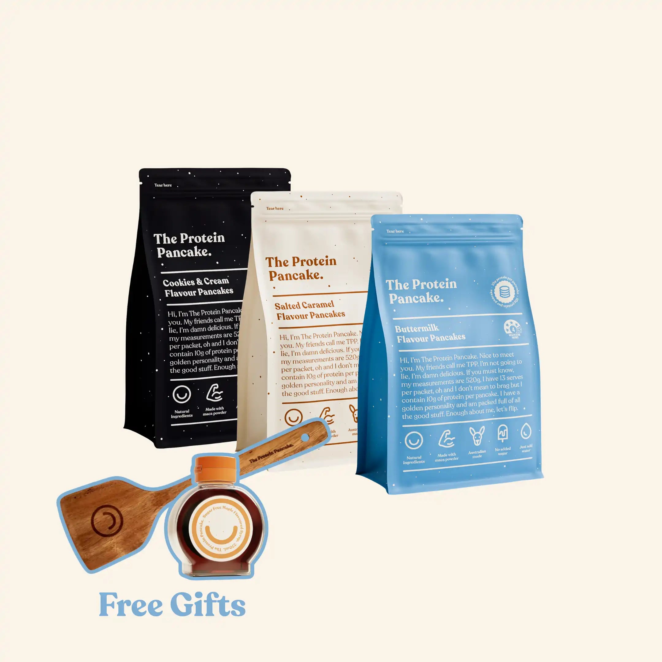 First Time Flipper Stack bundle — Buttermilk, Salted Caramel and Cookies & Cream protein pancake mixes with flipper and syrup #Flavours_Buttermilk / Salted Caramel / Cookies & Cream #Accessory_Flipper
