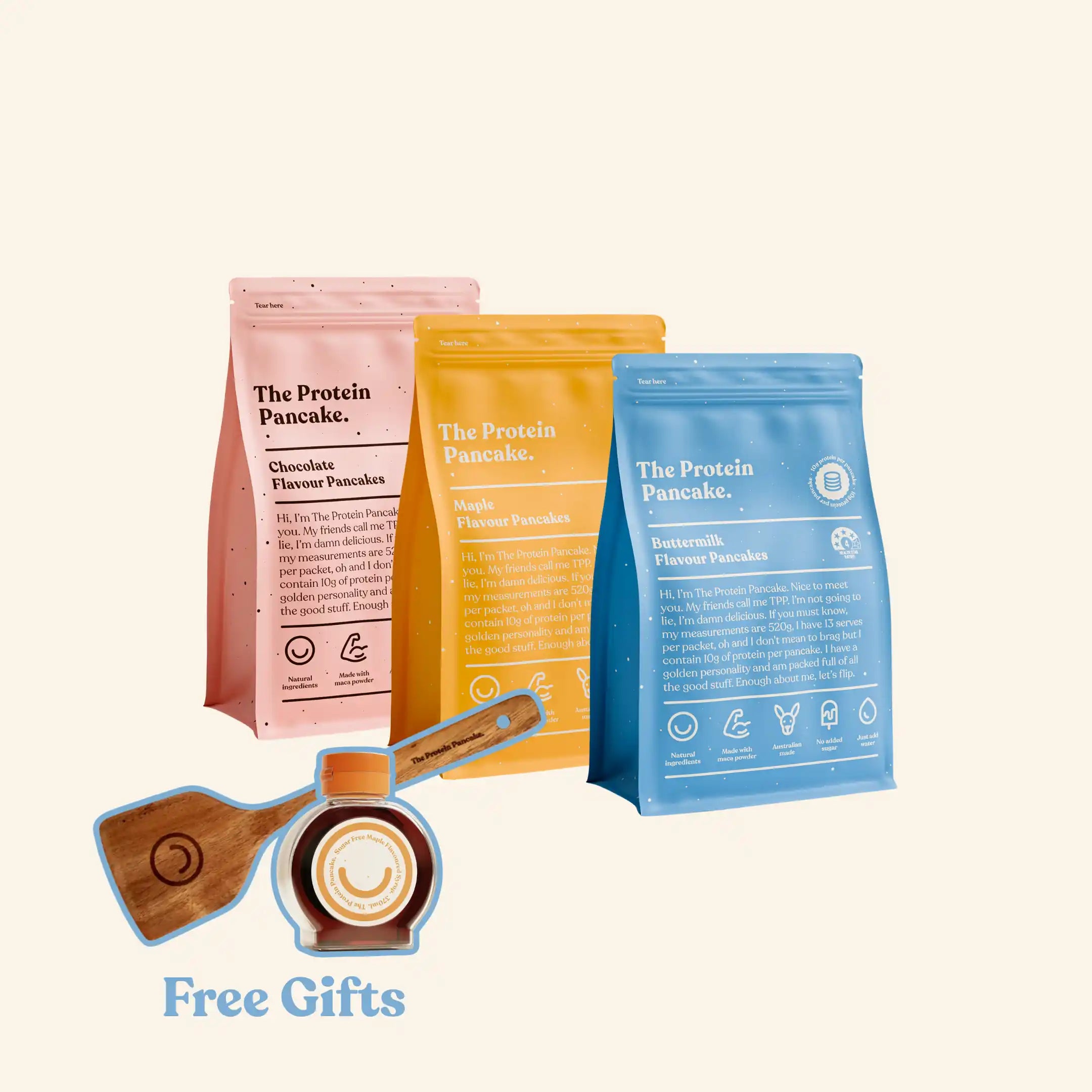 First Time Flipper Stack bundle — Buttermilk, Maple and Chocolate protein pancake mixes with flipper and syrup #Flavours_Buttermilk / Maple / Chocolate #Accessory_Flipper