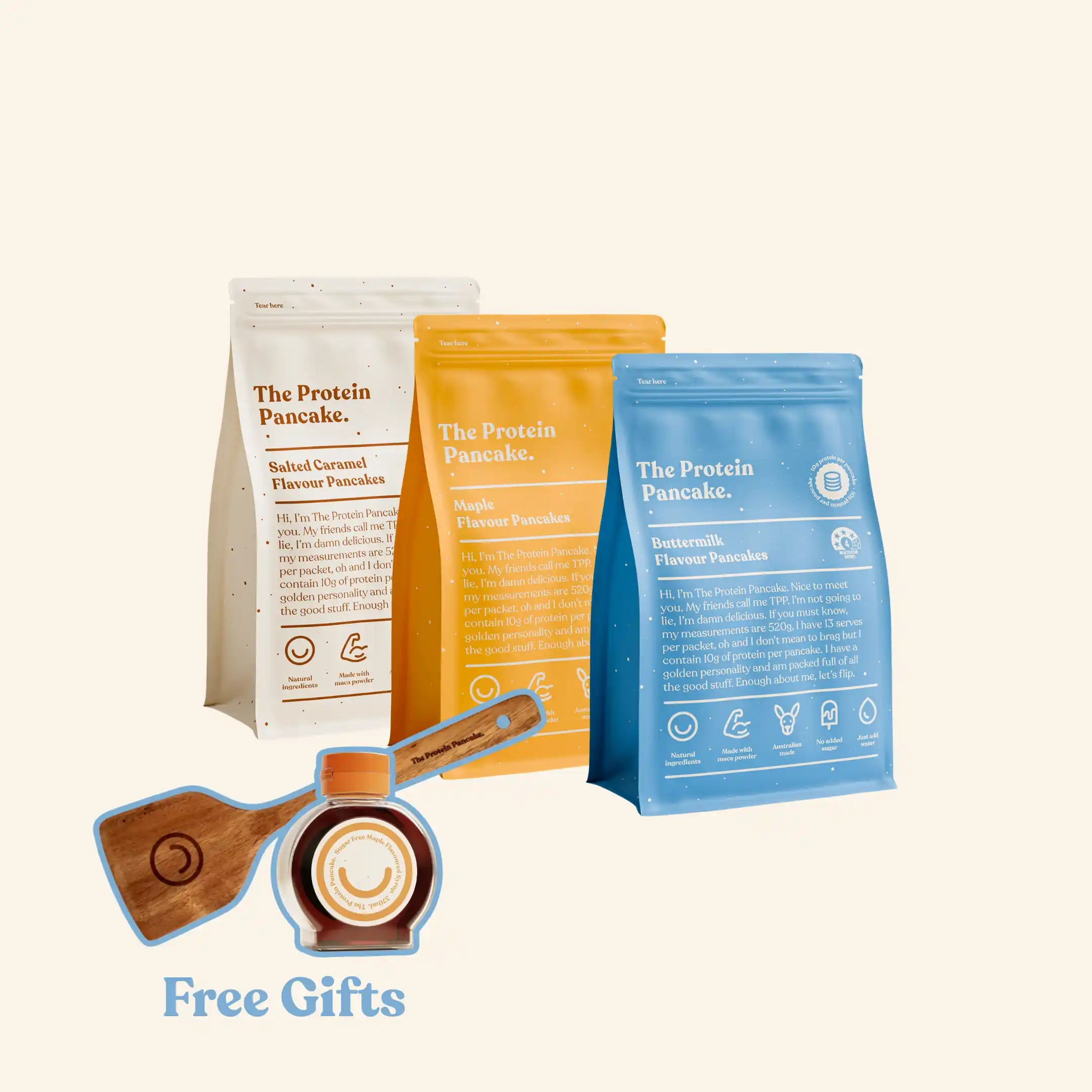 First Time Flipper Stack bundle — Buttermilk, Maple and Salted Caramel protein pancake mixes with flipper and syrup #Flavours_Buttermilk / Maple / Salted Caramel #Accessory_Flipper