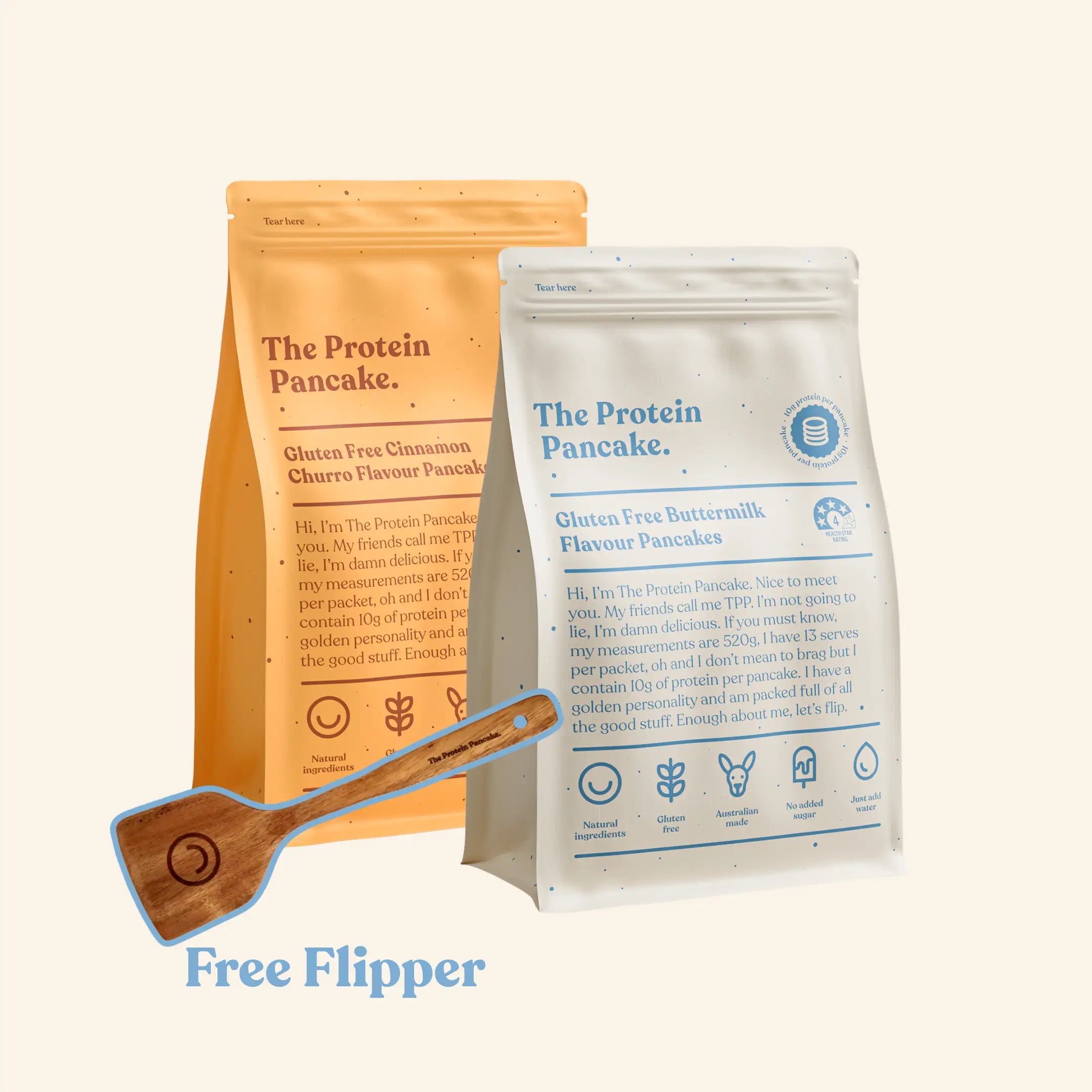 First Time Gluten Free Flipper Stack bundle — Gluten Free Buttermilk and Gluten Free Cinnamon Churro protein pancake mixes with flipper #Flavours_Gluten Free Buttermilk / Gluten Free Cinnamon Churro #Accessory_Flipper