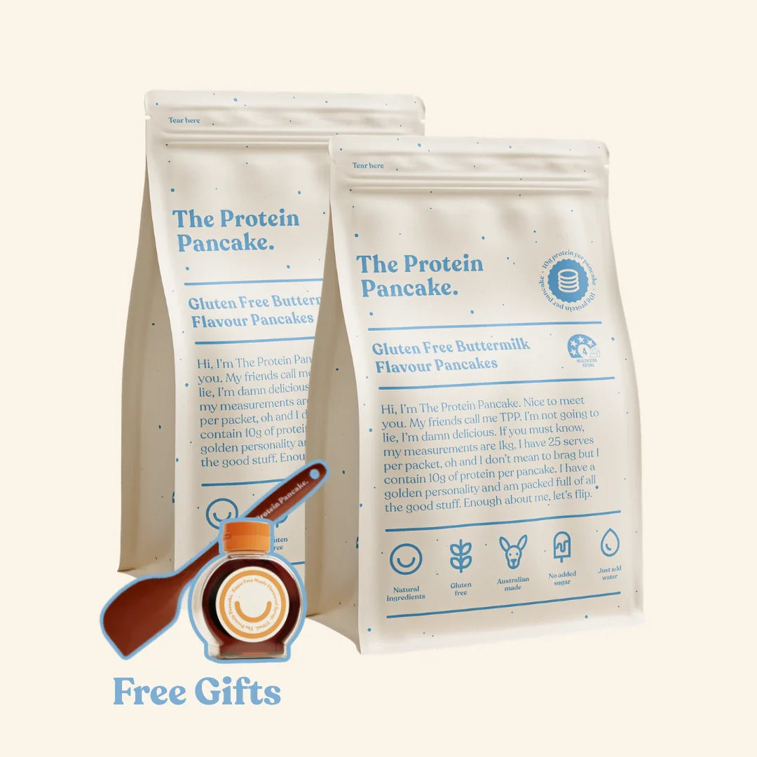 First Time Gluten Free Flipper Stack bundle β two Gluten Free Buttermilk protein pancake mixes with wooden scraper and sugar-free syrup #Flavours_Gluten Free Buttermilk / Gluten Free Buttermilk #Accessory_Scraper