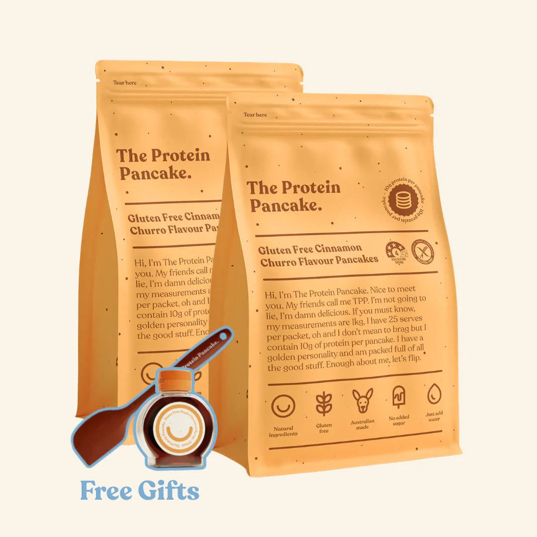 First Time Gluten Free Flipper Stack bundle β two Gluten Free Cinnamon Churro protein pancake mixes with wooden scraper and sugar-free syrup #Flavours_Gluten Free Cinnamon Churro / Gluten Free Cinnamon Churro #Accessory_Scraper