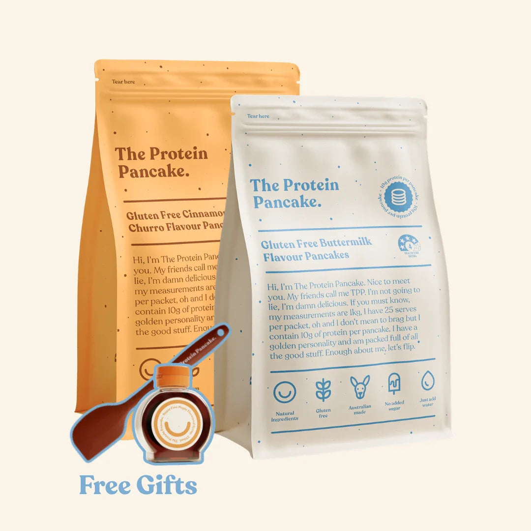 First Time Gluten Free Flipper Stack bundle β Gluten Free Buttermilk and Cinnamon Churro pancake mixes with wooden scraper and sugar-free syrup #Flavours_Gluten Free Buttermilk / Gluten Free Cinnamon Churro #Accessory_Scraper