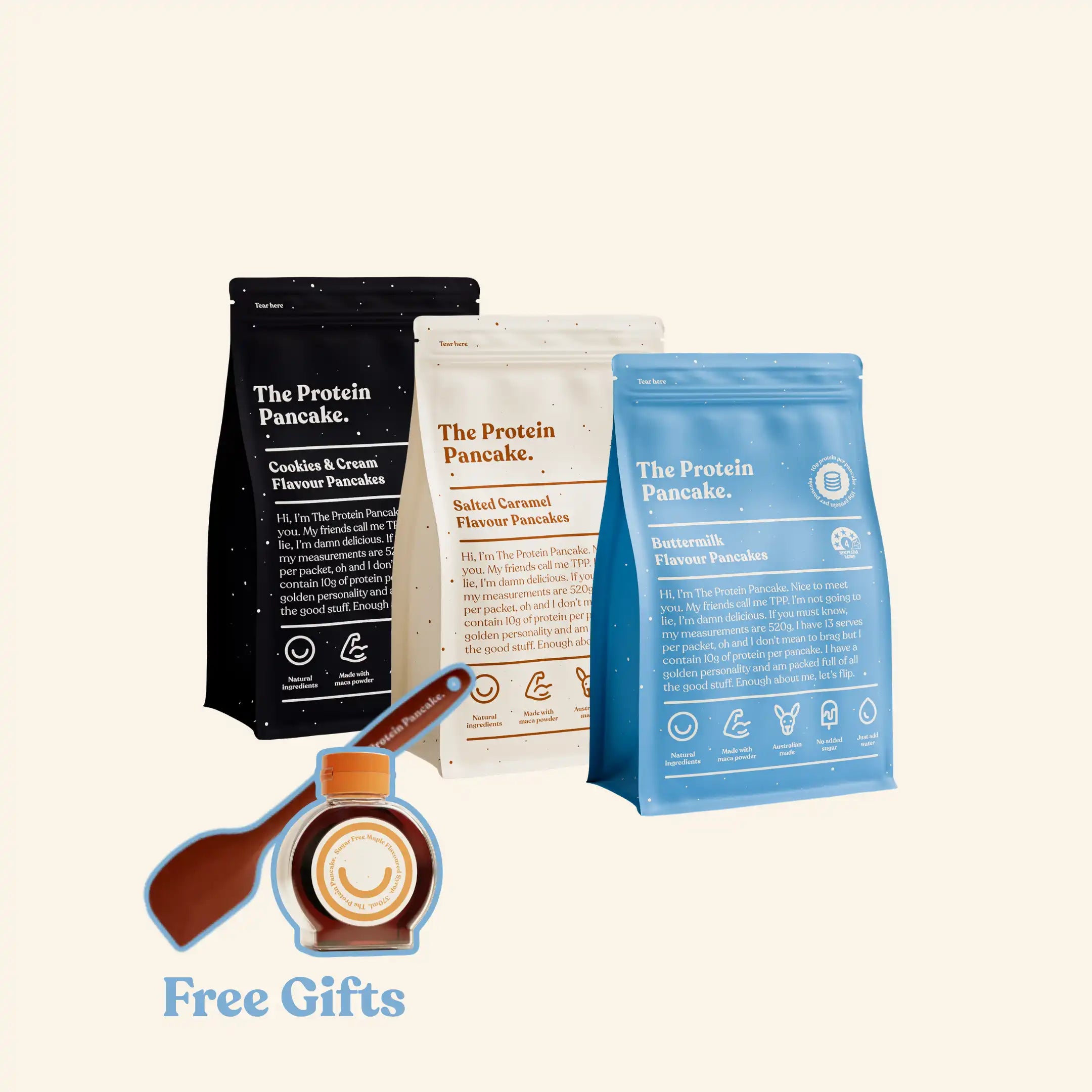 First Time Flipper Stack bundle — Buttermilk, Salted Caramel and Cookies & Cream protein pancake mixes with wooden scraper and sugar-free syrup #Flavours_Buttermilk / Salted Caramel / Cookies & Cream #Accessory_Scraper