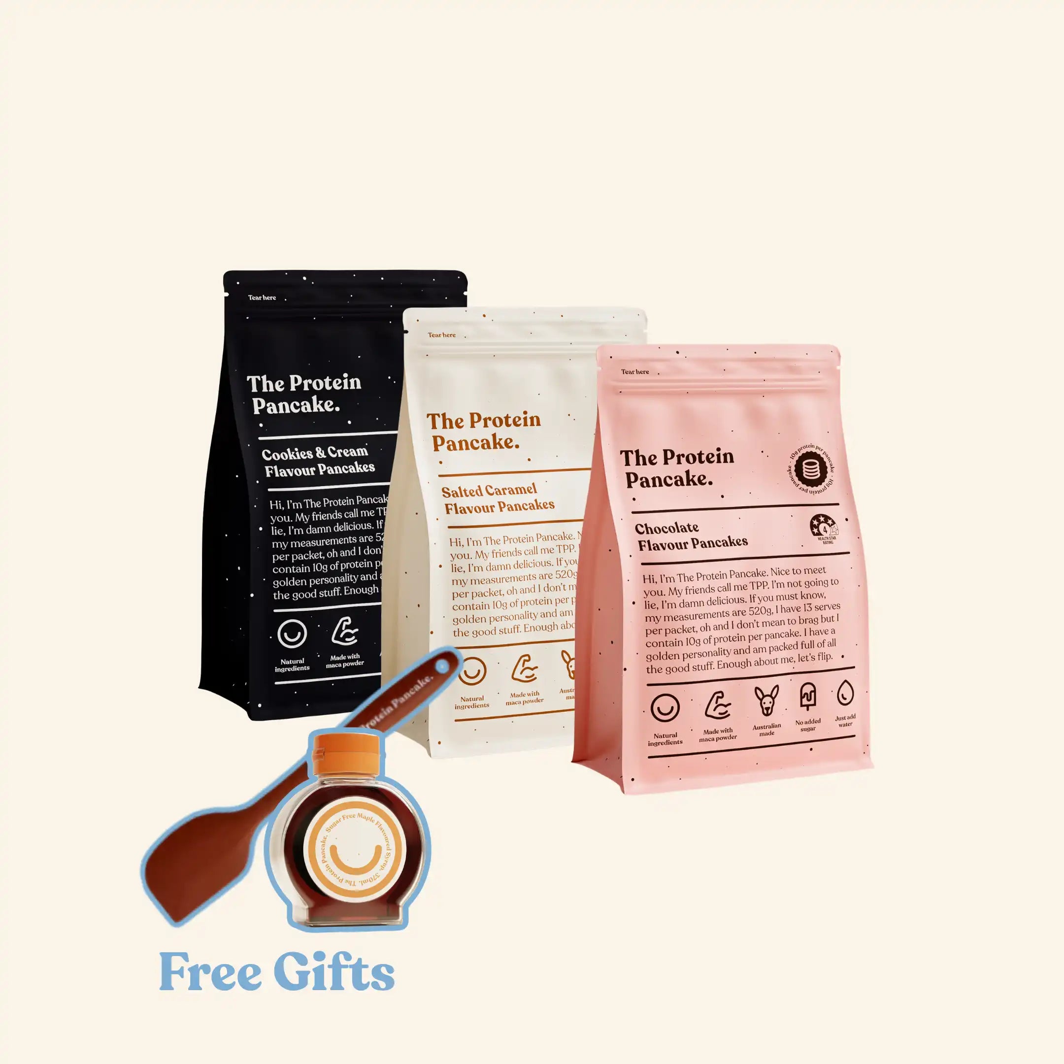 First Time Flipper Stack bundle — Chocolate, Salted Caramel and Cookies & Cream protein pancake mixes with wooden scraper and sugar-free syrup #Flavours_Chocolate / Salted Caramel / Cookies & Cream #Accessory_Scraper