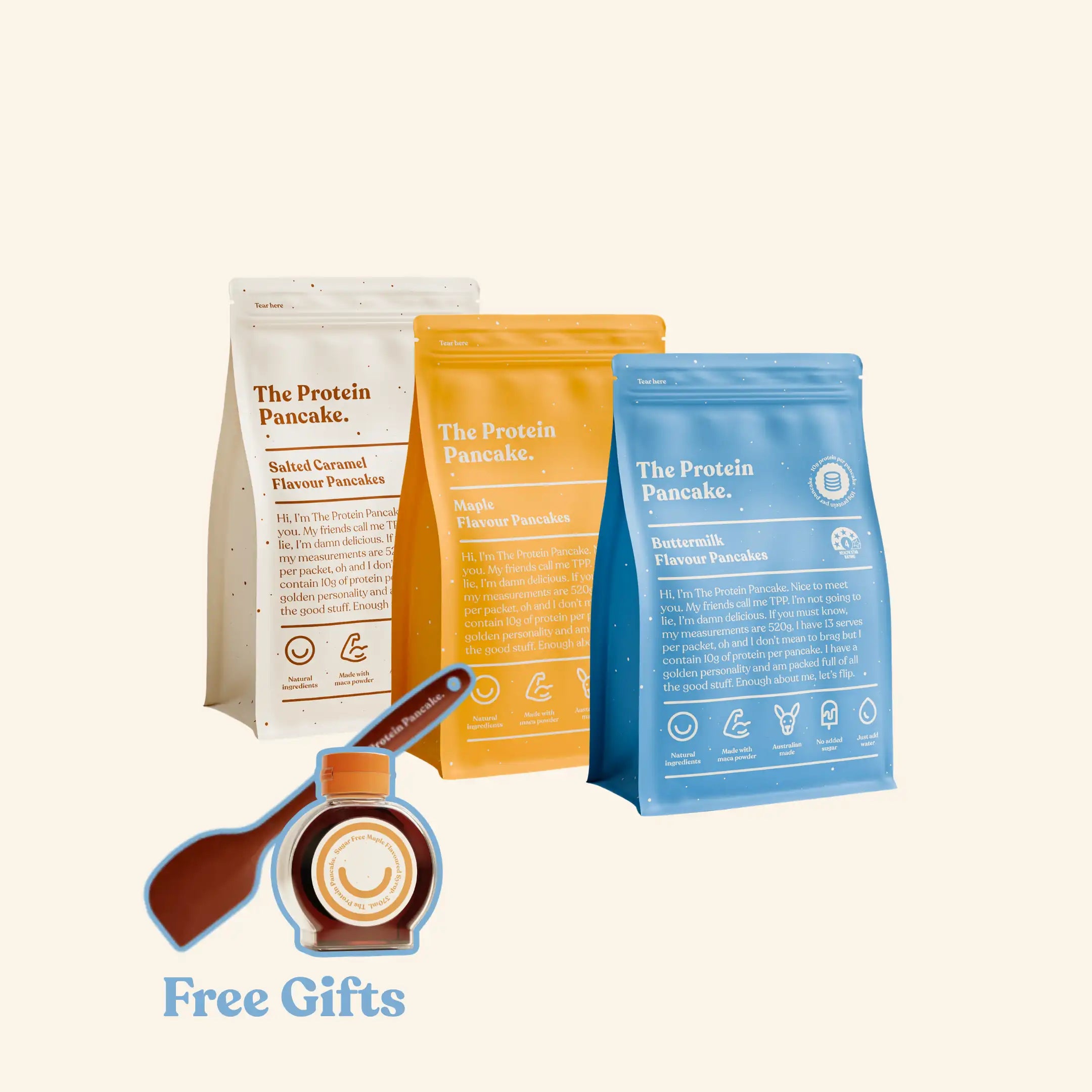 First Time Flipper Stack bundle — Buttermilk, Maple and Salted Caramel protein pancake mixes with wooden scraper and sugar-free syrup #Flavours_Buttermilk / Maple / Salted Caramel #Accessory_Scraper