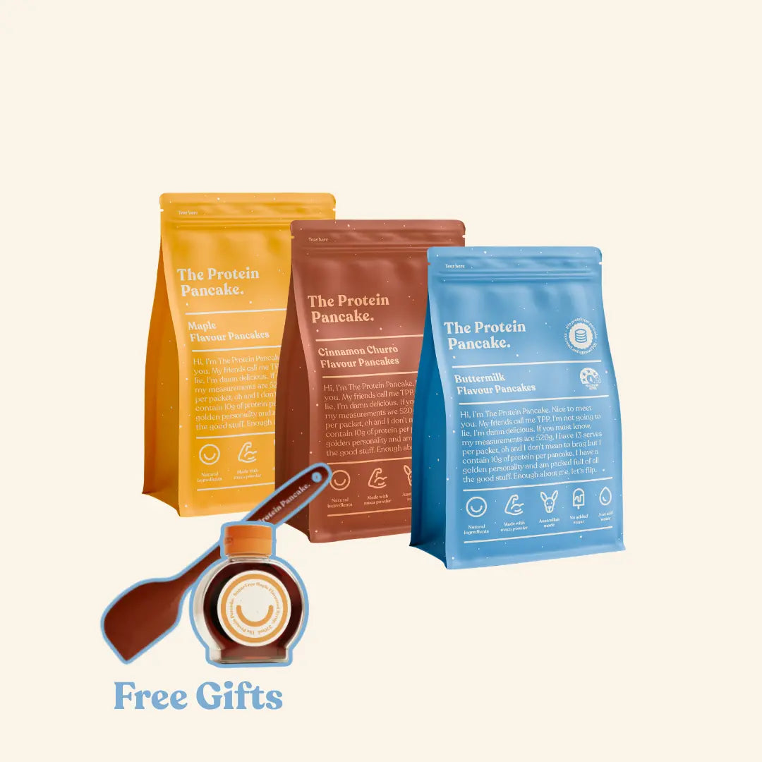 First Time Flipper Stack bundle — Buttermilk, Cinnamon Churro and Maple protein pancake mixes with wooden scraper and sugar-free syrup #Flavours_Buttermilk / Cinnamon Churro / Maple #Accessory_Scraper