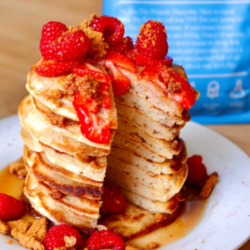 delicious strawberry and biscoff protein pancake stack with the protein pancake Buttermilk mix