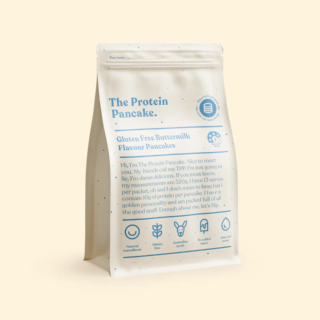 A blue protein pancake mix package with nutritional information and icons, against a blue background.