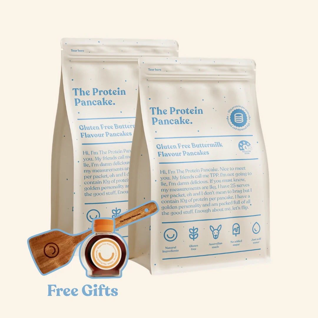 First Time Gluten Free Flipper Stack bundle — two Gluten Free Buttermilk protein pancake mixes with flipper and syrup #Flavours_Gluten Free Buttermilk / Gluten Free Buttermilk #Accessory_Flipper