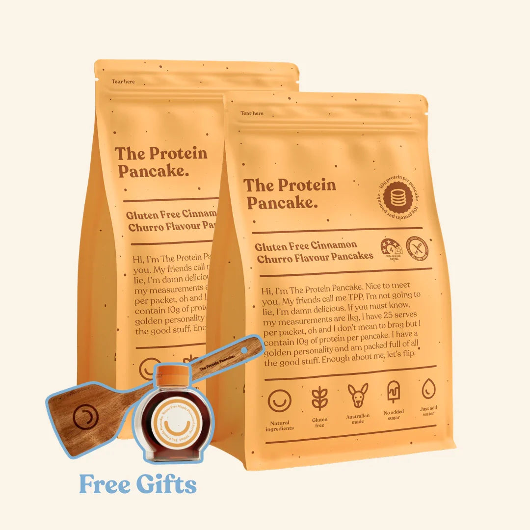 First Time Gluten Free Flipper Stack bundle — two Gluten Free Cinnamon Churro protein pancake mixes with flipper and syrup #Flavours_Gluten Free Cinnamon Churro / Gluten Free Cinnamon Churro #Accessory_Flipper