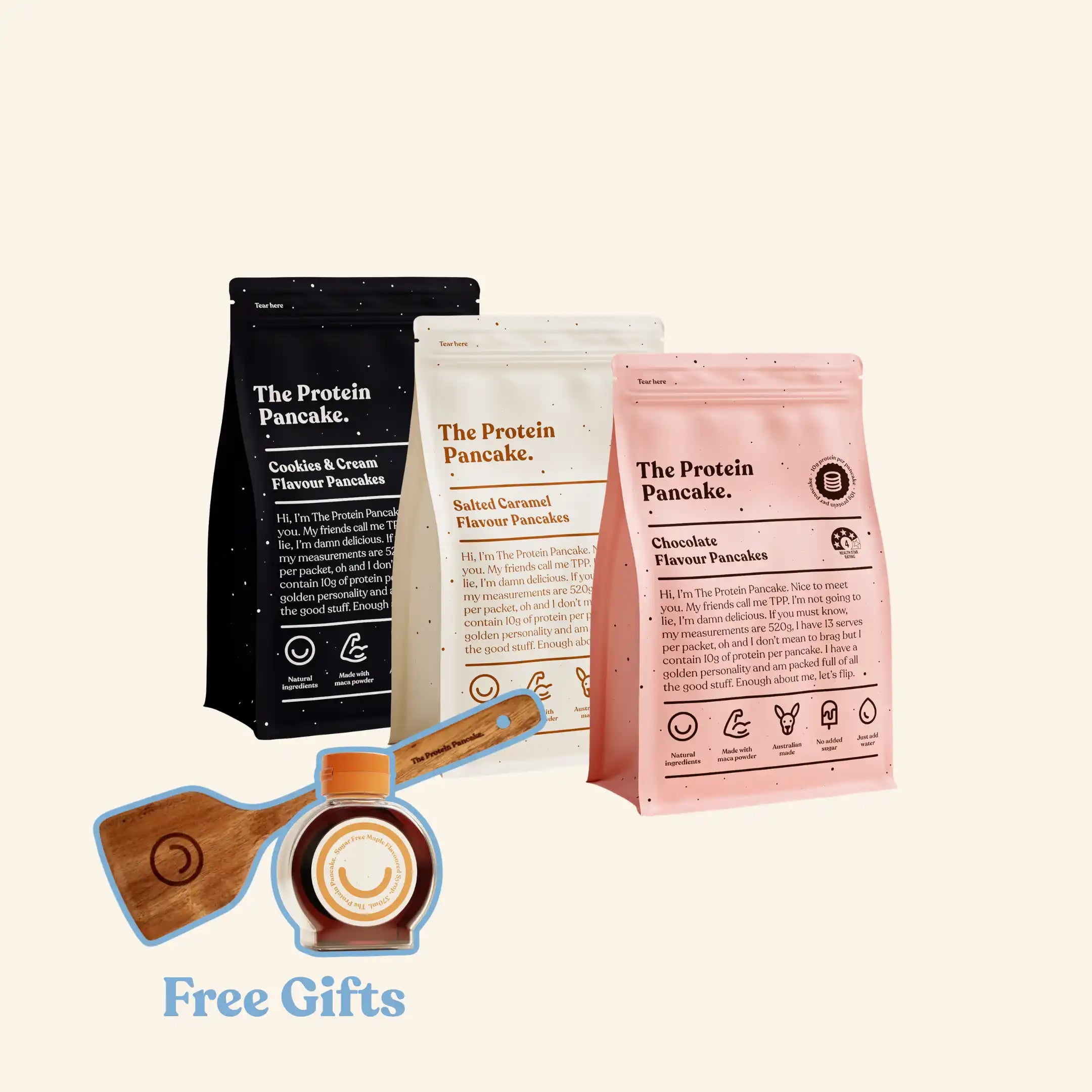 First Time Flipper Stack bundle — Chocolate, Salted Caramel and Cookies & Cream protein pancake mixes with flipper and syrup #Flavours_Chocolate / Salted Caramel / Cookies & Cream #Accessory_Flipper