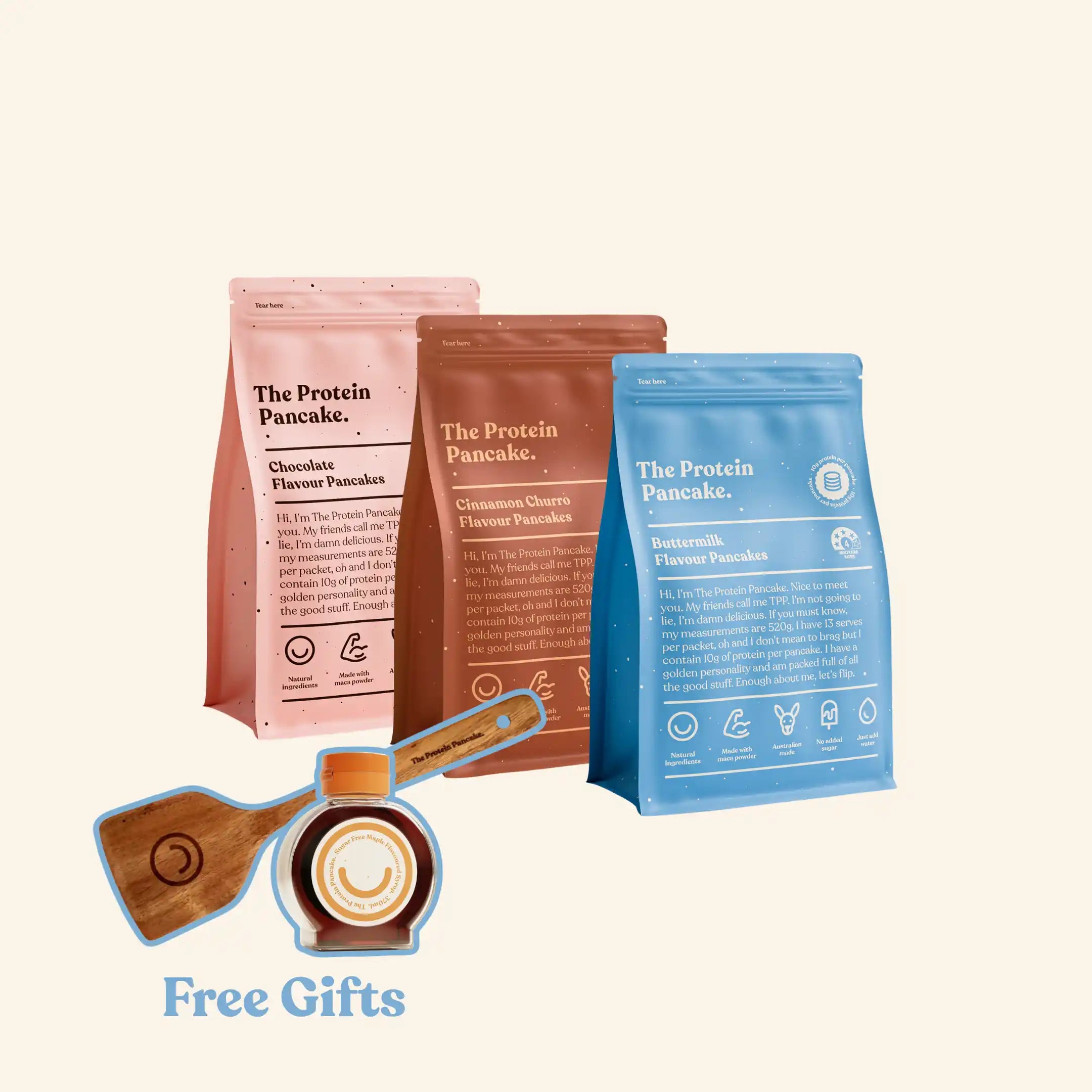 First Time Flipper Stack bundle — Buttermilk, Cinnamon Churro and Chocolate protein pancake mixes with flipper and syrup #Flavours_Buttermilk / Cinnamon Churro / Chocolate #Accessory_Flipper
