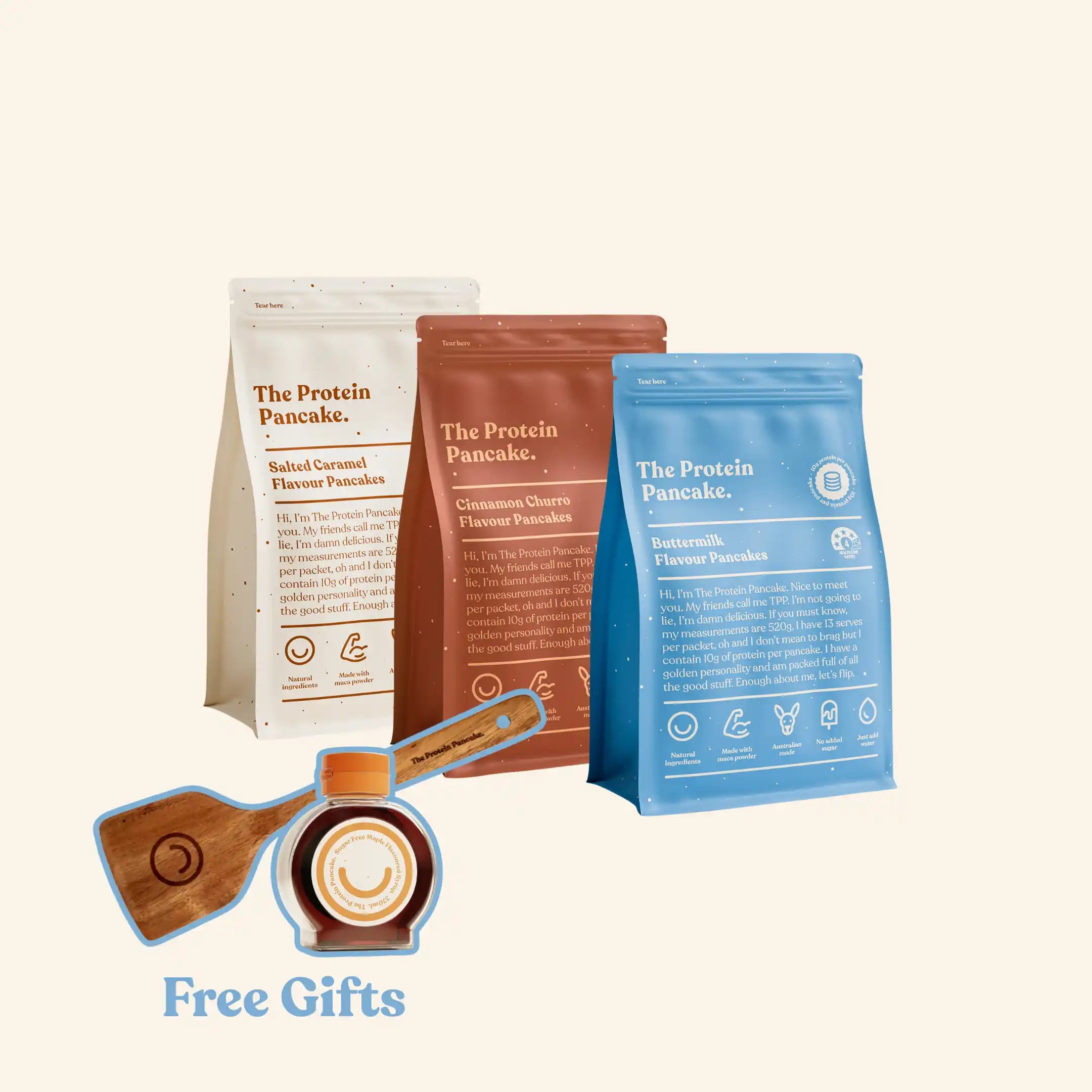 First Time Flipper Stack bundle — Buttermilk, Cinnamon Churro and Salted Caramel protein pancake mixes with flipper and syrup #Flavours_Buttermilk / Cinnamon Churro / Salted Caramel #Accessory_Flipper