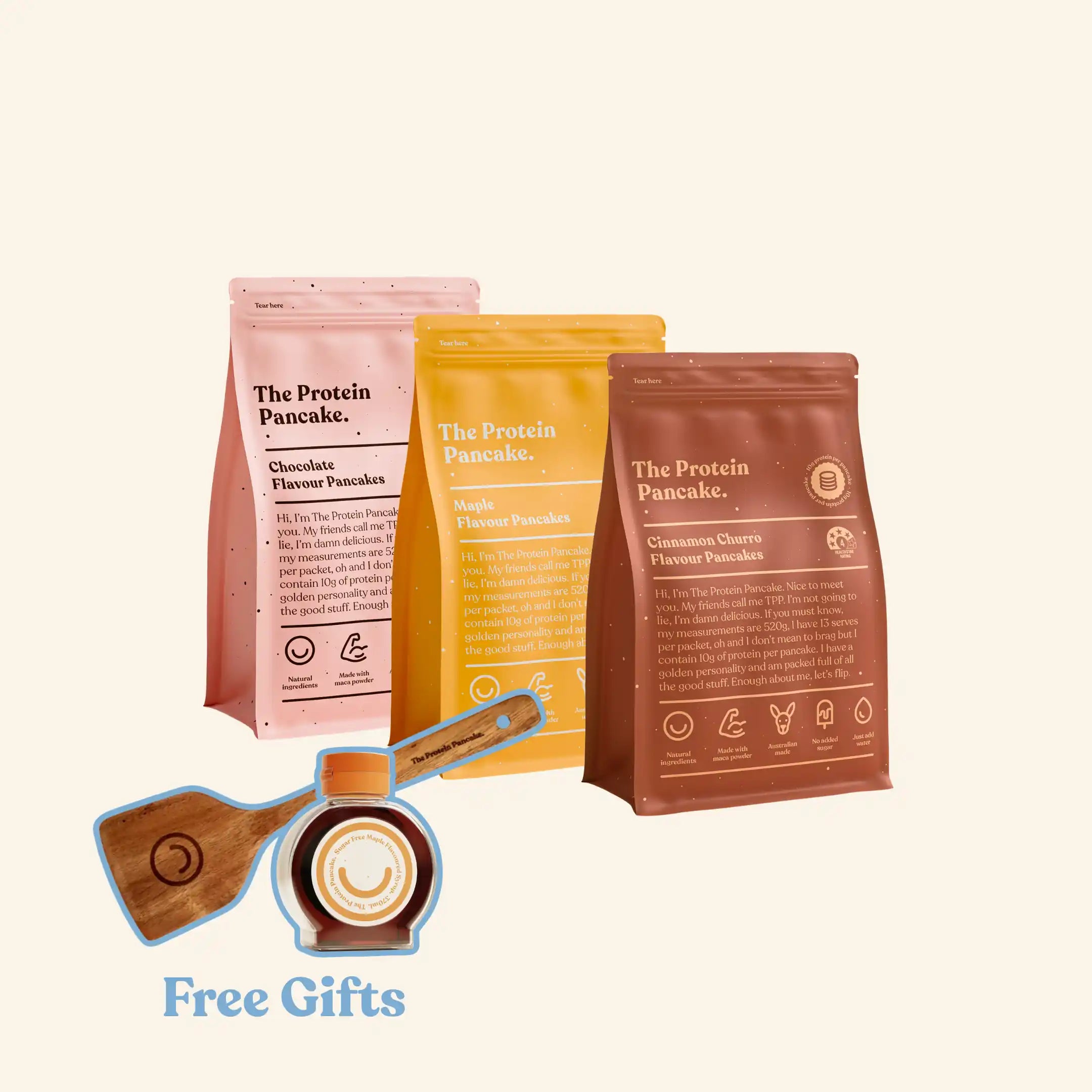 First Time Flipper Stack bundle — Cinnamon Churro, Maple and Chocolate protein pancake mixes with flipper and syrup #Flavours_Cinnamon Churro / Maple / Chocolate #Accessory_Flipper