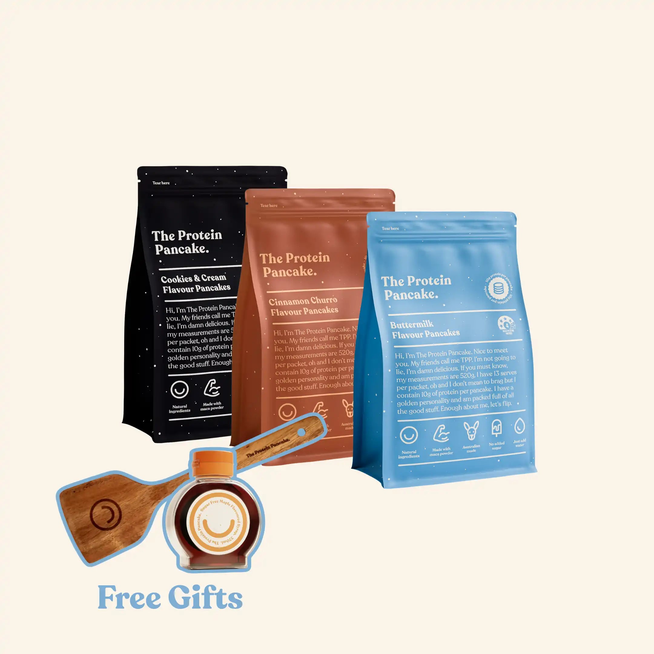 First Time Flipper Stack bundle — Buttermilk, Cinnamon Churro and Cookies & Cream protein pancake mixes with flipper and syrup #Flavours_Buttermilk / Cinnamon Churro / Cookies & Cream #Accessory_Flipper