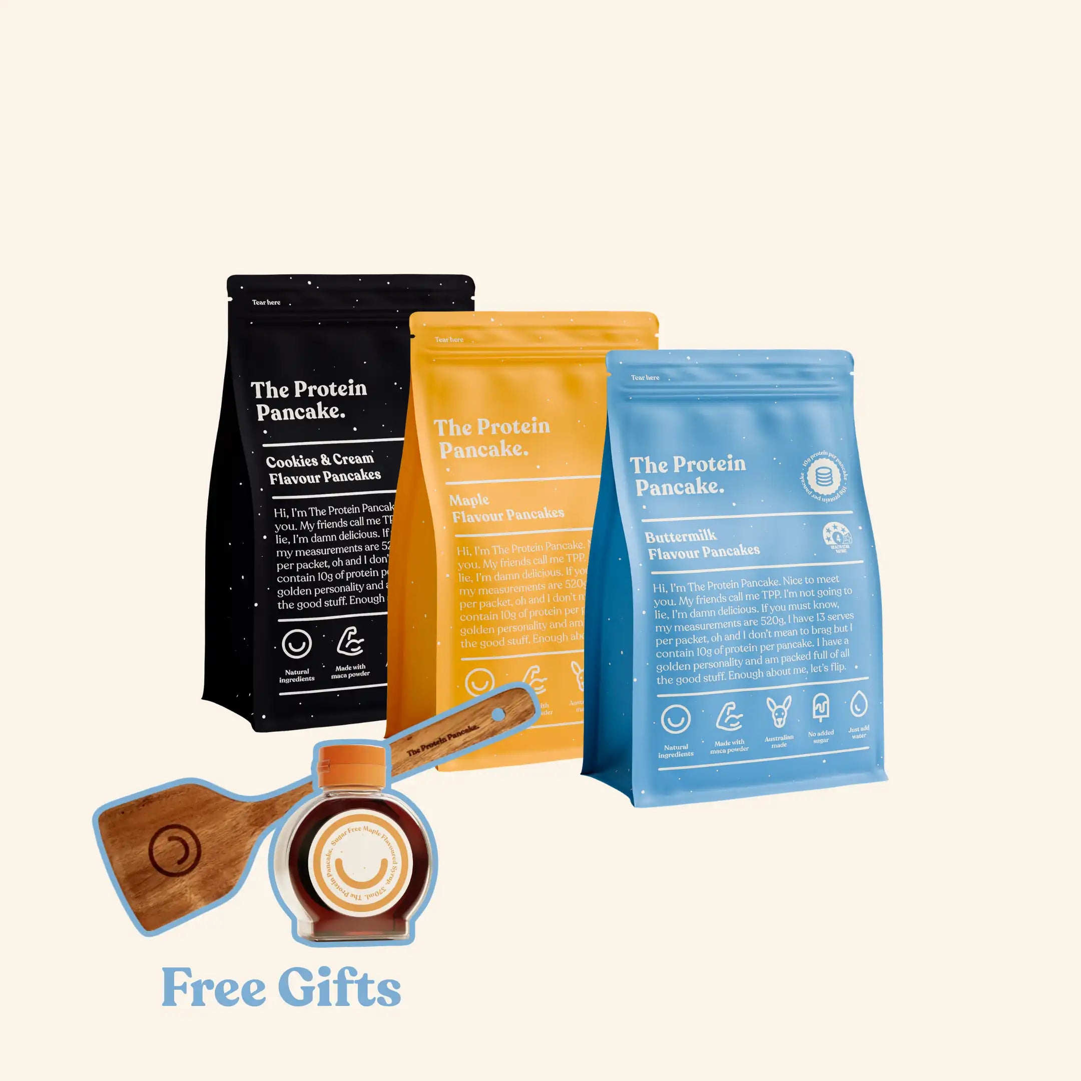 First Time Flipper Stack bundle — Buttermilk, Maple and Cookies & Cream protein pancake mixes with flipper and syrup #Flavours_Buttermilk / Maple / Cookies & Cream #Accessory_Flipper