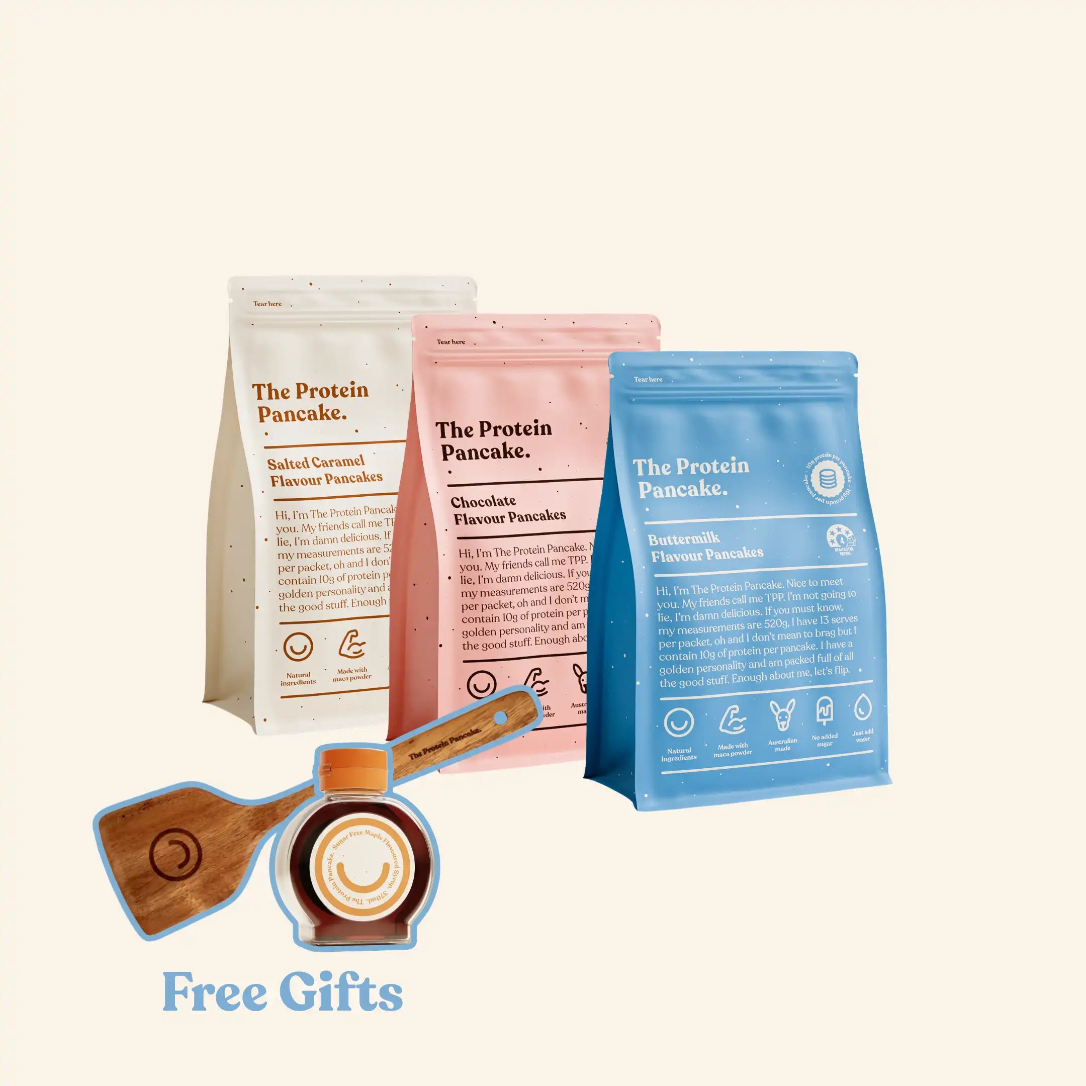 First Time Flipper Stack bundle — Buttermilk, Chocolate and Salted Caramel protein pancake mixes with flipper and syrup #Flavours_Buttermilk / Chocolate / Salted Caramel #Accessory_Flipper