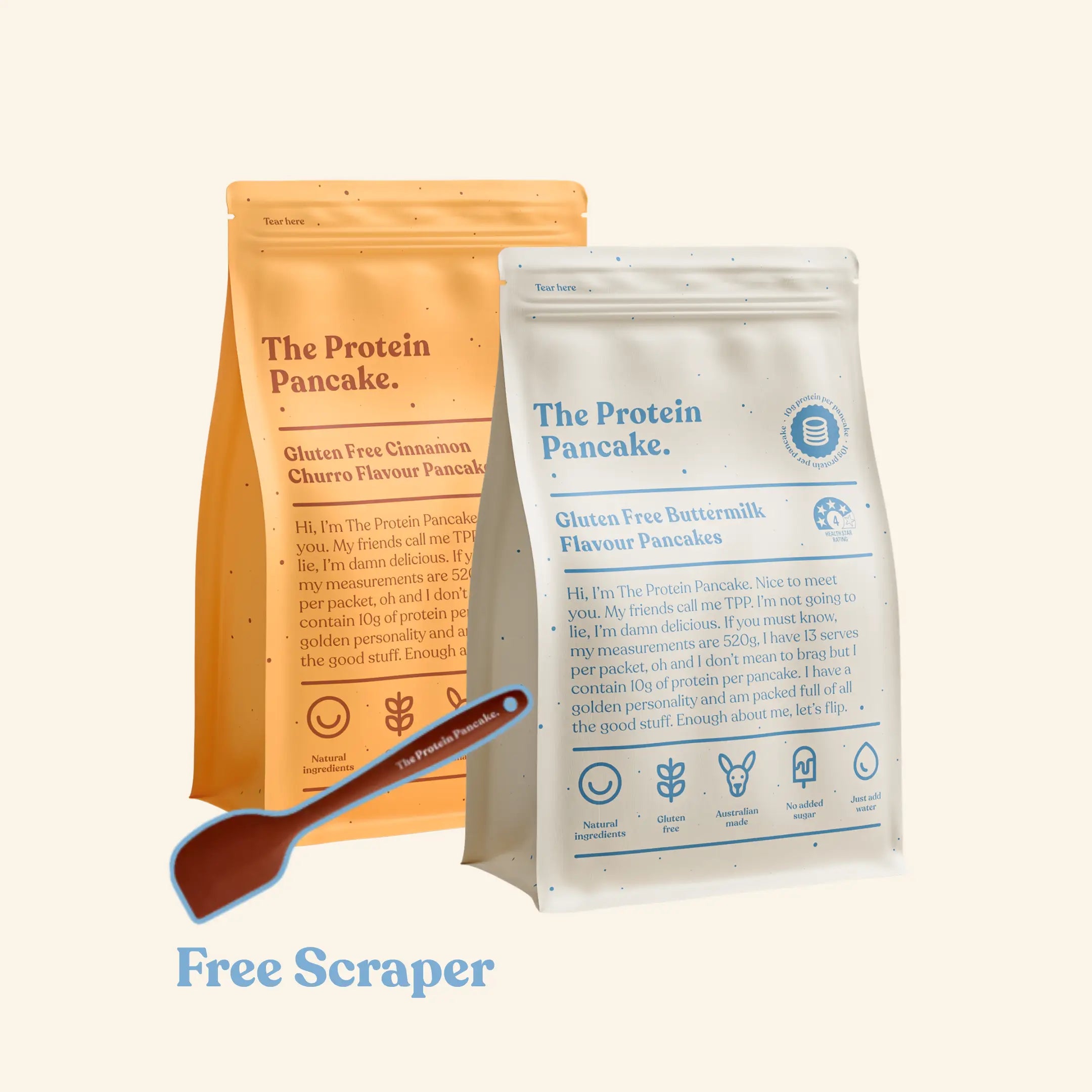 First Time Gluten Free Flipper Stack bundle — Gluten Free Buttermilk and Gluten Free Cinnamon Churro protein pancake mixes with wooden scraper #Flavours_Gluten Free Buttermilk / Gluten Free Cinnamon Churro #Accessory_Scraper