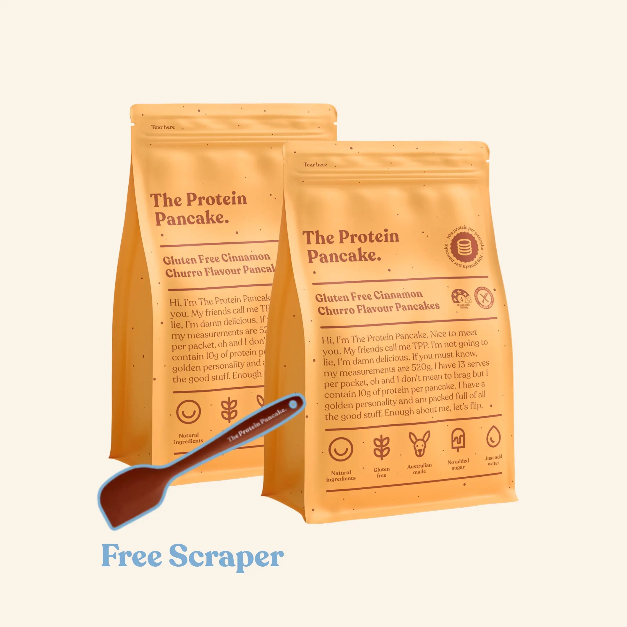First Time Gluten Free Flipper Stack bundle — two Gluten Free Cinnamon Churro protein pancake mixes with wooden scraper #Flavours_Gluten Free Cinnamon Churro / Gluten Free Cinnamon Churro #Accessory_Scraper