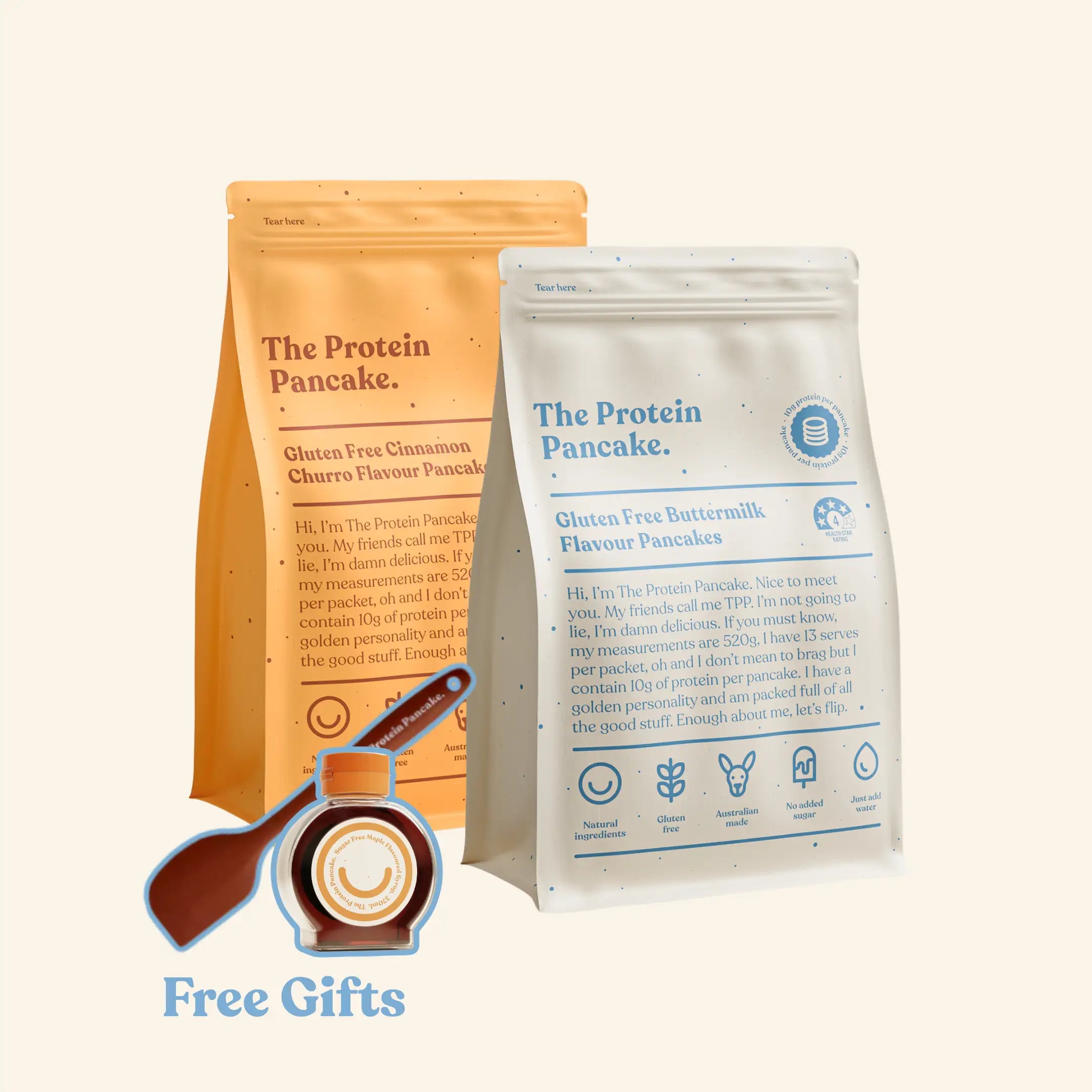 First Time Gluten Free Flipper Stack bundle — Gluten Free Buttermilk and Gluten Free Cinnamon Churro protein pancake mixes with wooden scraper and sugar-free syrup #Flavours_Gluten Free Buttermilk / Gluten Free Cinnamon Churro #Accessory_Scraper & Syrup