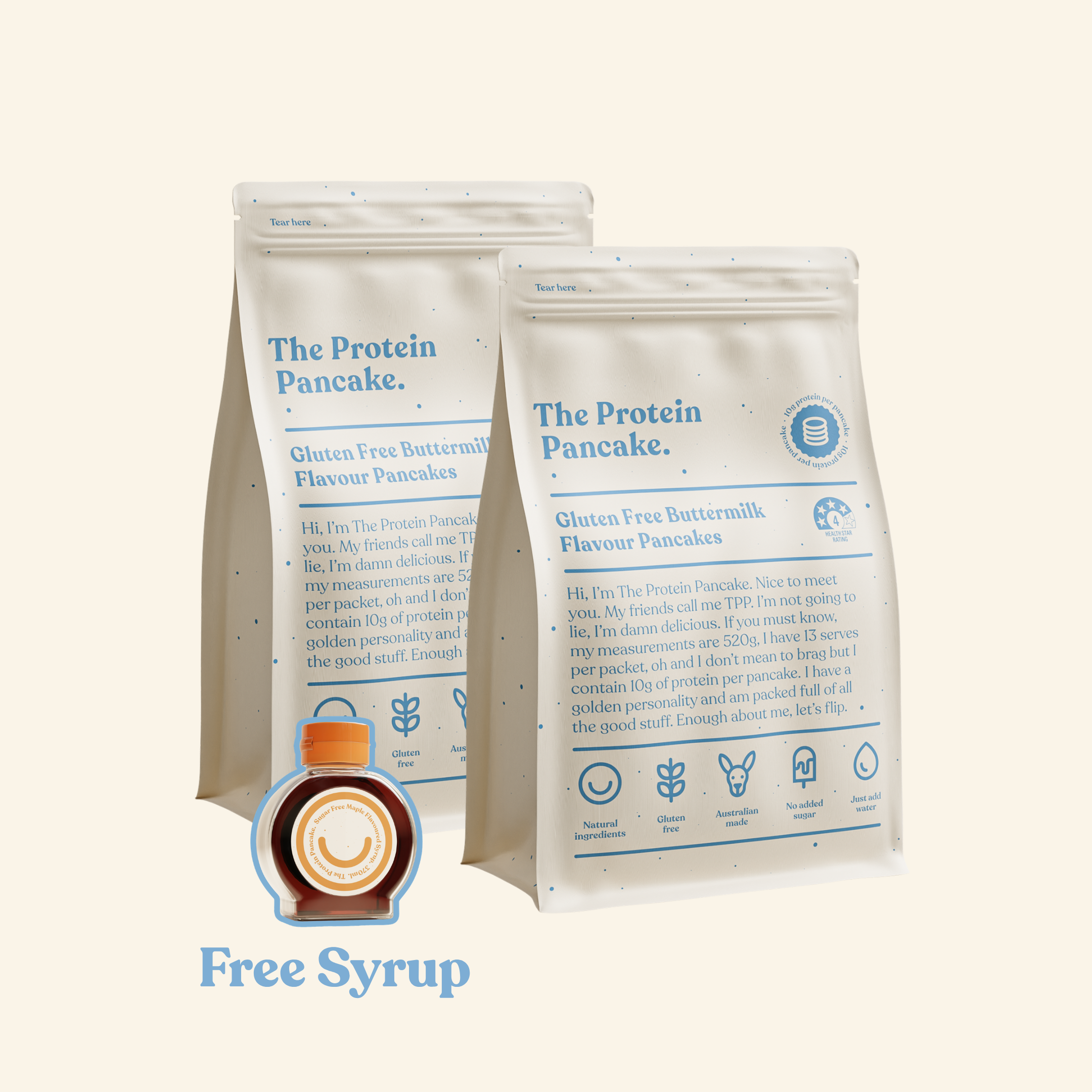 First Time Gluten Free Flipper Stack bundle — two Gluten Free Buttermilk protein pancake mixes with sugar-free maple syrup #Flavours_Gluten Free Buttermilk / Gluten Free Buttermilk #Accessory_Syrup