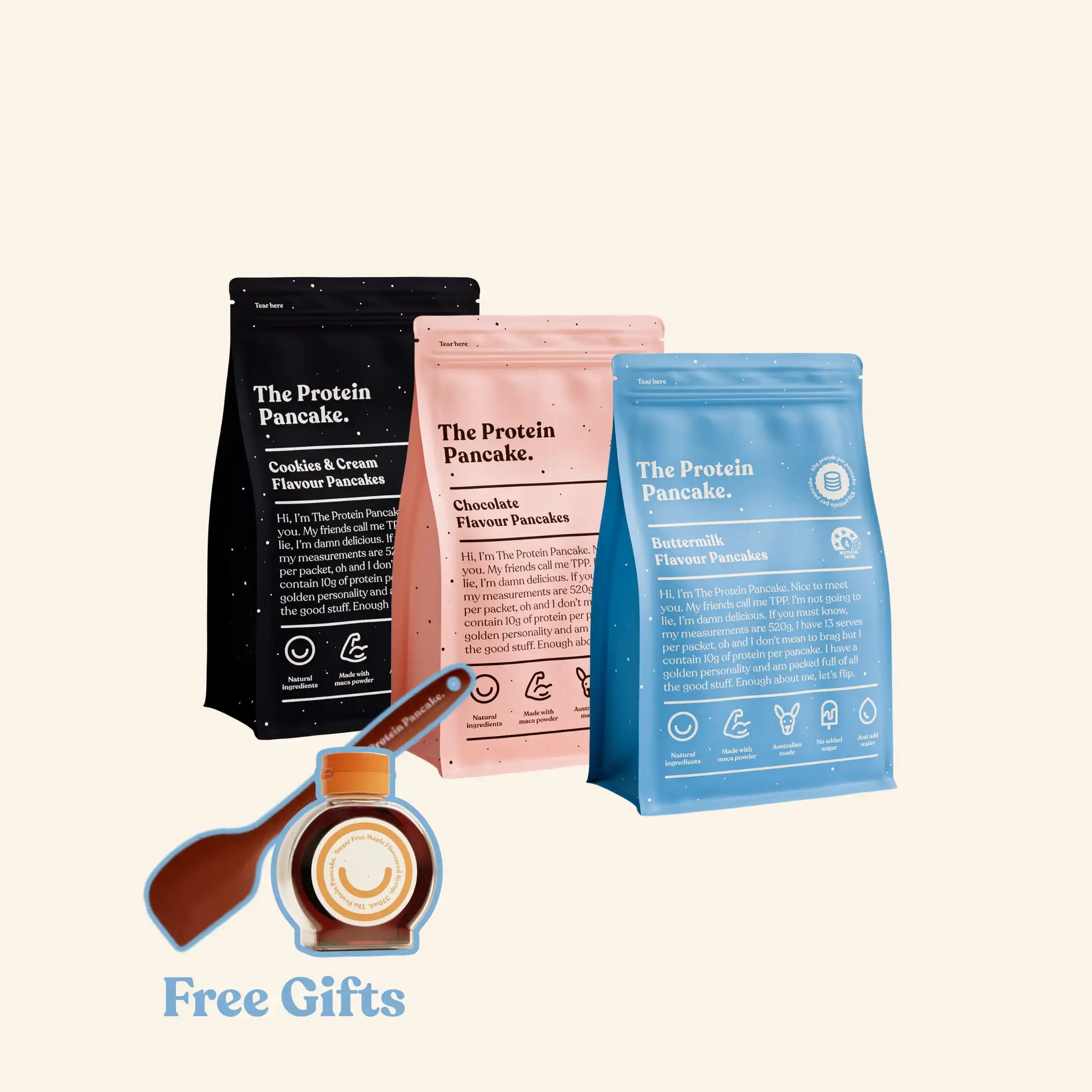 First Time Flipper Stack bundle — Buttermilk, Chocolate and Cookies & Cream protein pancake mixes with wooden scraper and sugar-free syrup #Flavours_Buttermilk / Chocolate / Cookies & Cream #Accessory_Scraper