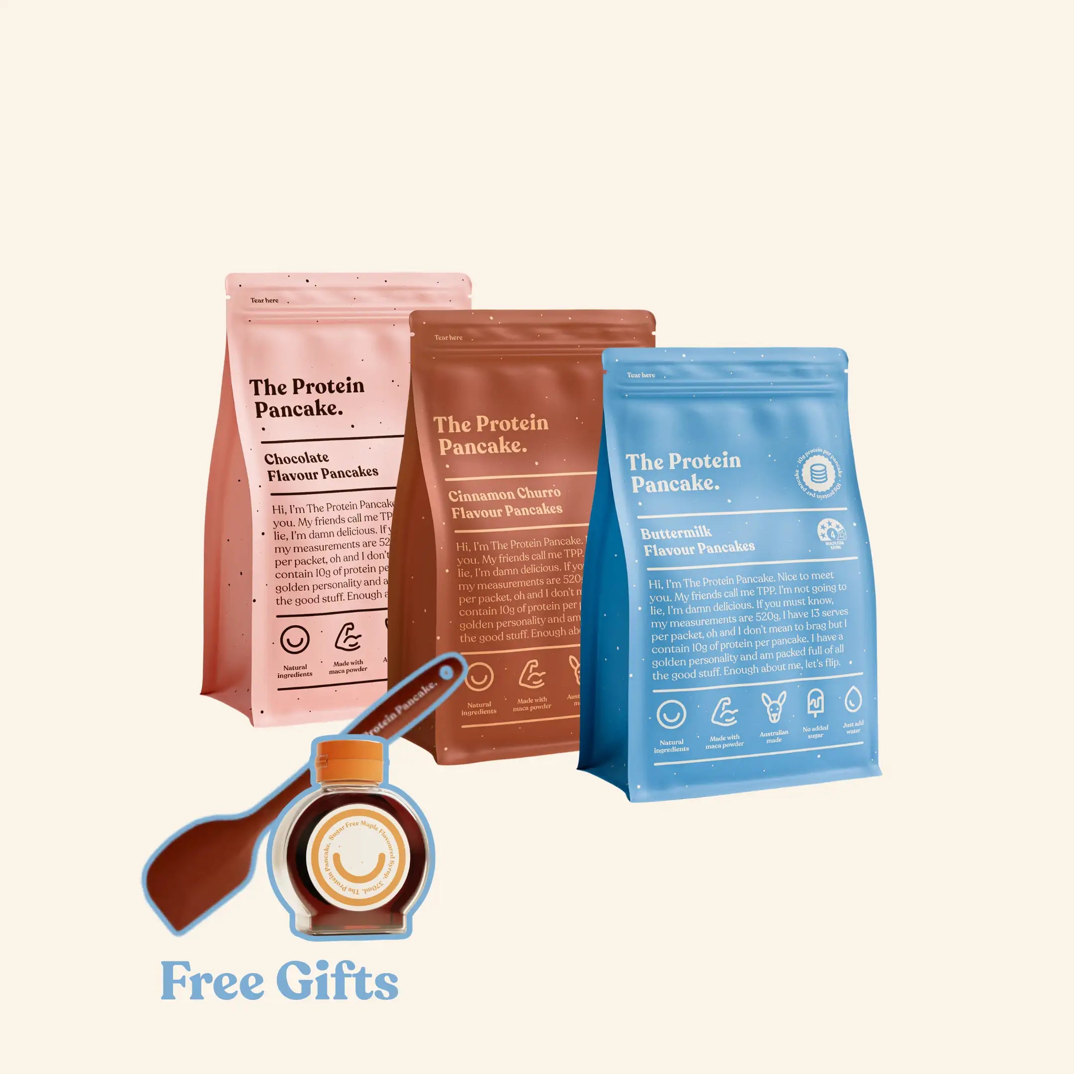 First Time Flipper Stack bundle — Buttermilk, Cinnamon Churro and Chocolate protein pancake mixes with wooden scraper and sugar-free syrup #Flavours_Buttermilk / Cinnamon Churro / Chocolate #Accessory_Scraper