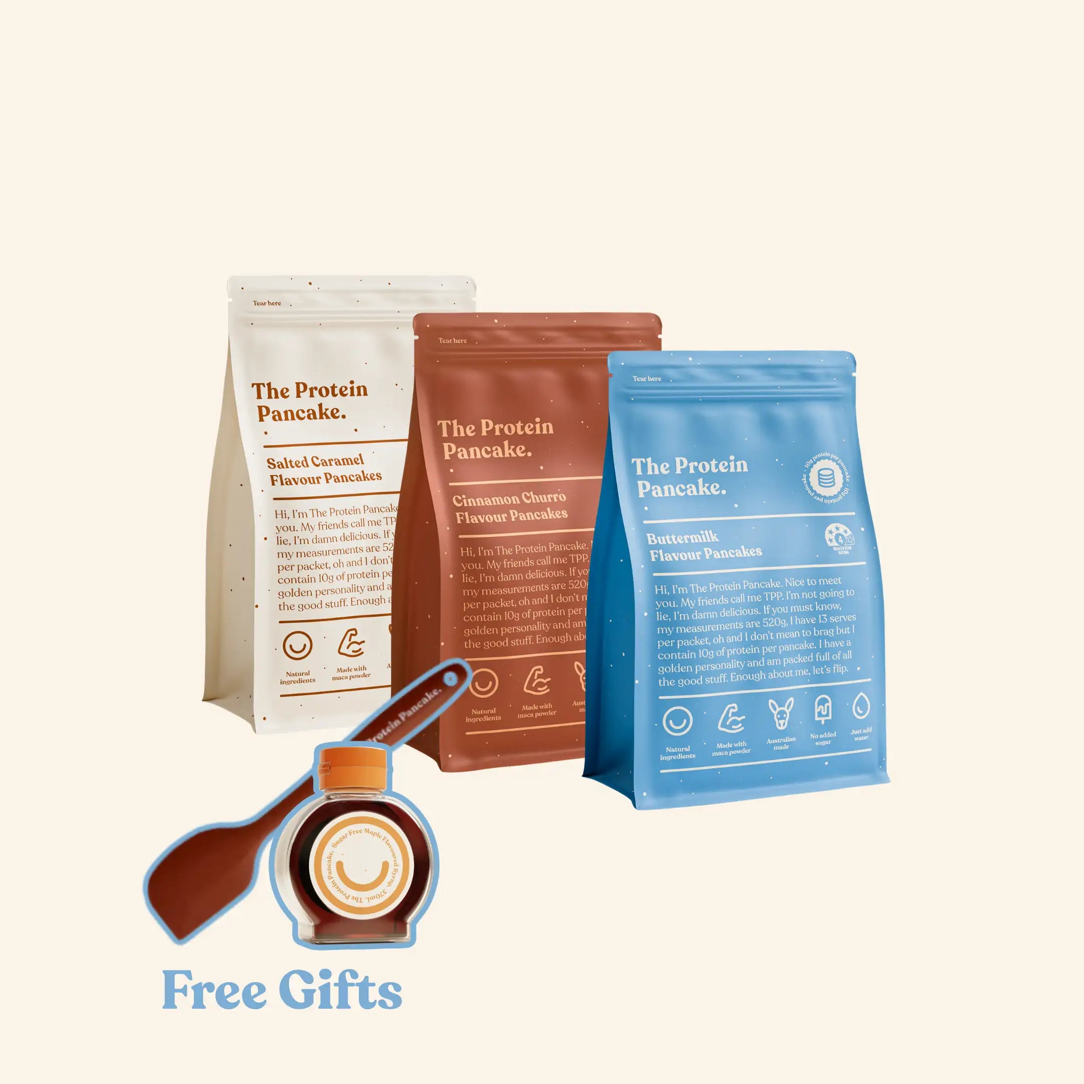 First Time Flipper Stack bundle — Buttermilk, Cinnamon Churro and Salted Caramel protein pancake mixes with wooden scraper and sugar-free syrup #Flavours_Buttermilk / Cinnamon Churro / Salted Caramel #Accessory_Scraper