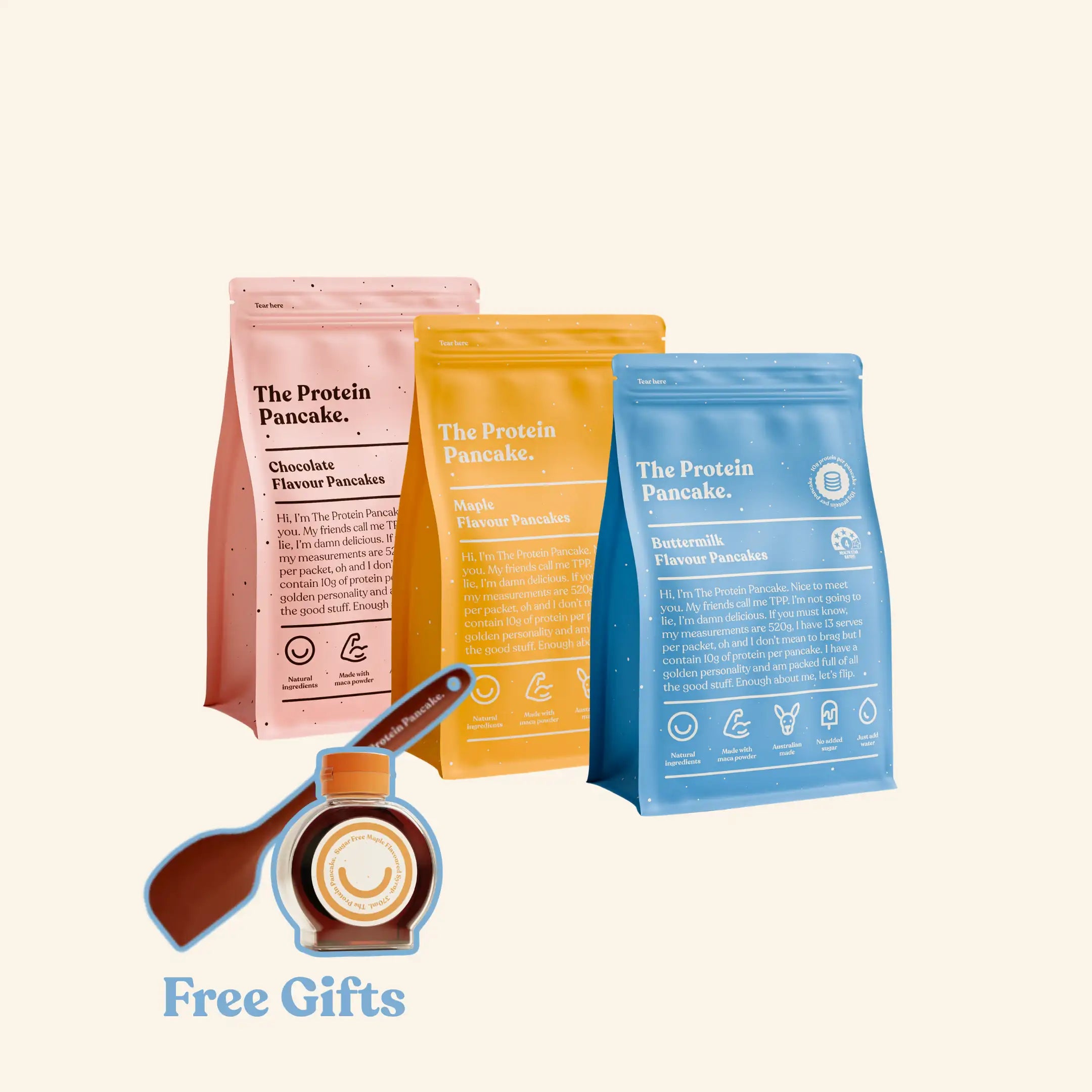 First Time Flipper Stack bundle — Buttermilk, Maple and Chocolate protein pancake mixes with wooden scraper and sugar-free syrup #Flavours_Buttermilk / Maple / Chocolate #Accessory_Scraper