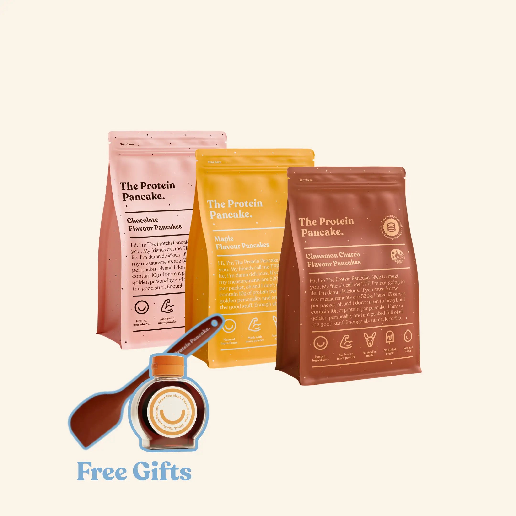 First Time Flipper Stack bundle — Cinnamon Churro, Maple and Chocolate protein pancake mixes with wooden scraper and sugar-free syrup #Flavours_Cinnamon Churro / Maple / Chocolate #Accessory_Scraper