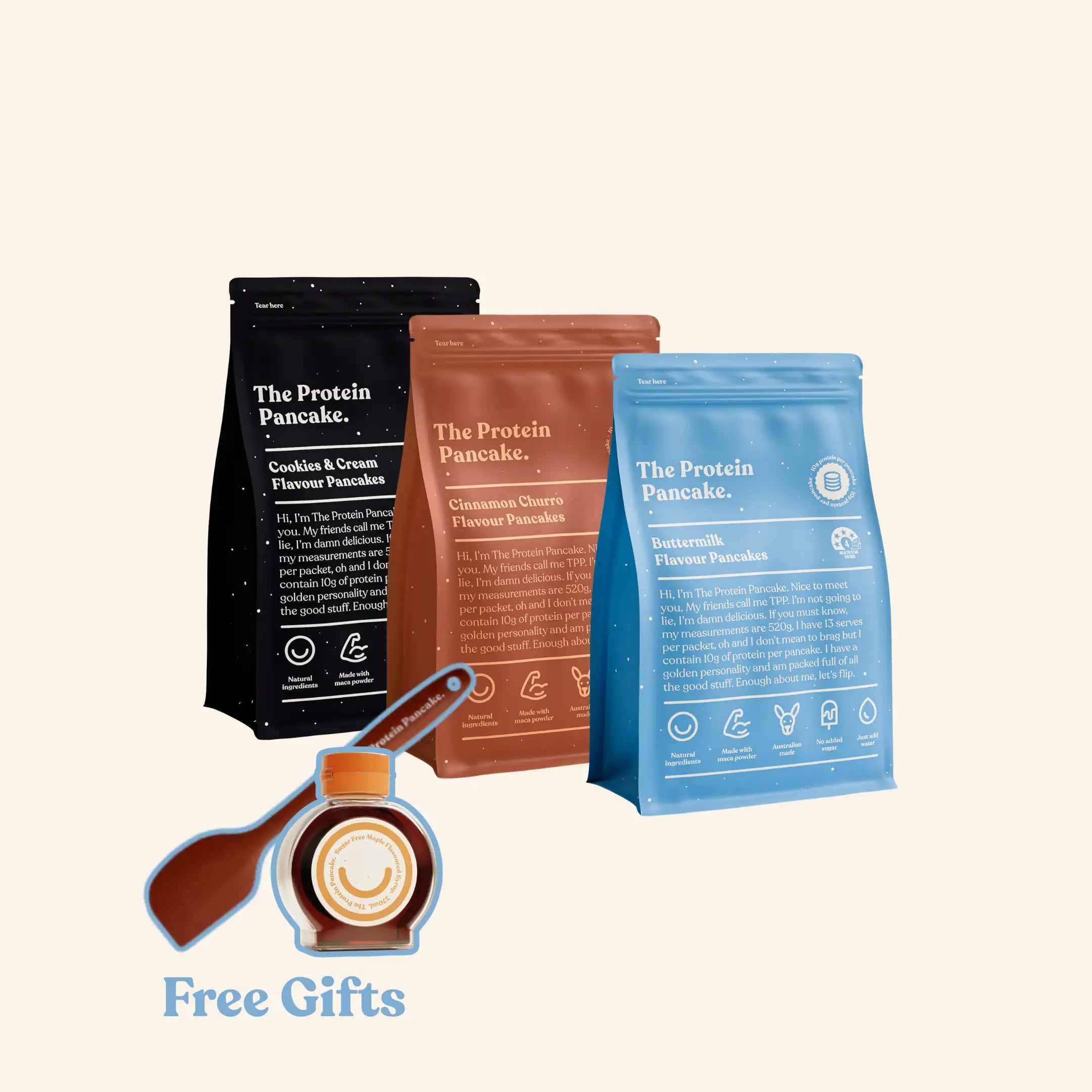 First Time Flipper Stack bundle — Buttermilk, Cinnamon Churro and Cookies & Cream protein pancake mixes with wooden scraper and sugar-free syrup #Flavours_Buttermilk / Cinnamon Churro / Cookies & Cream #Accessory_Scraper