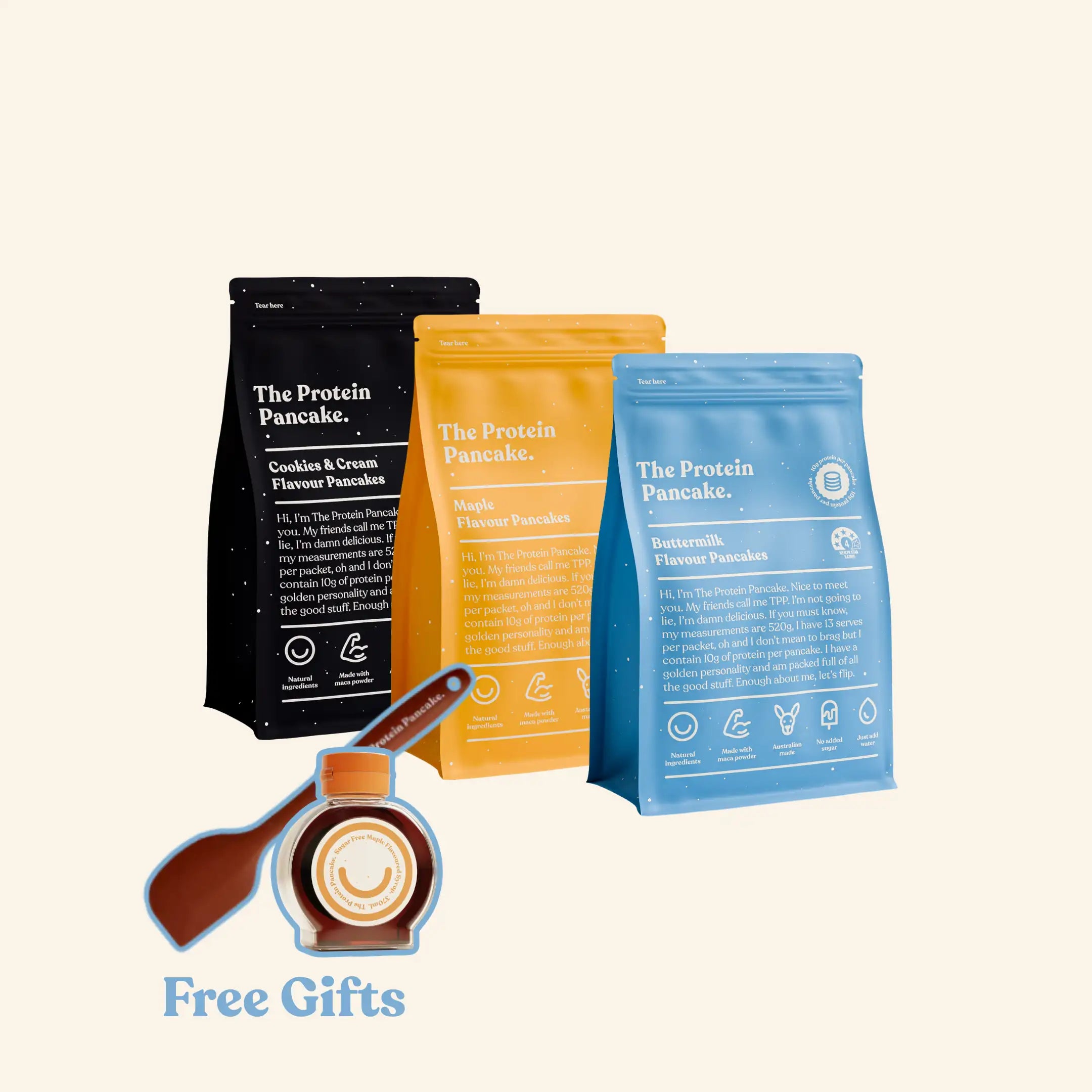 First Time Flipper Stack bundle — Buttermilk, Maple and Cookies & Cream protein pancake mixes with wooden scraper and sugar-free syrup #Flavours_Buttermilk / Maple / Cookies & Cream #Accessory_Scraper