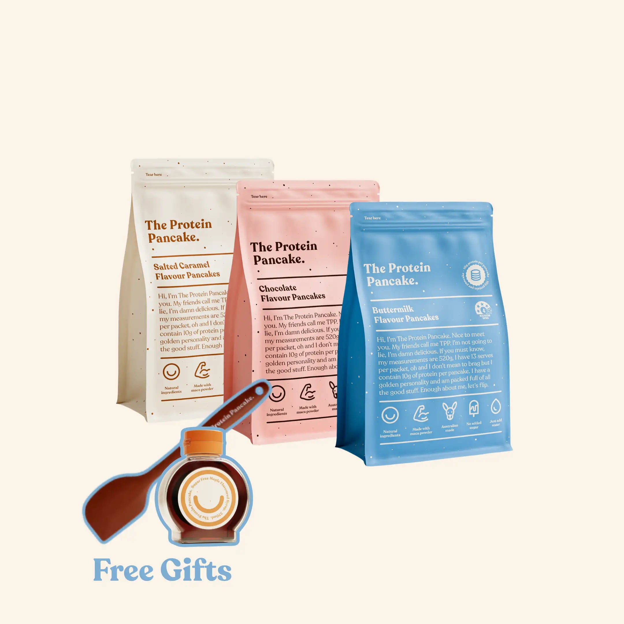 First Time Flipper Stack bundle — Buttermilk, Chocolate and Salted Caramel protein pancake mixes with wooden scraper and sugar-free syrup #Flavours_Buttermilk / Chocolate / Salted Caramel #Accessory_Scraper