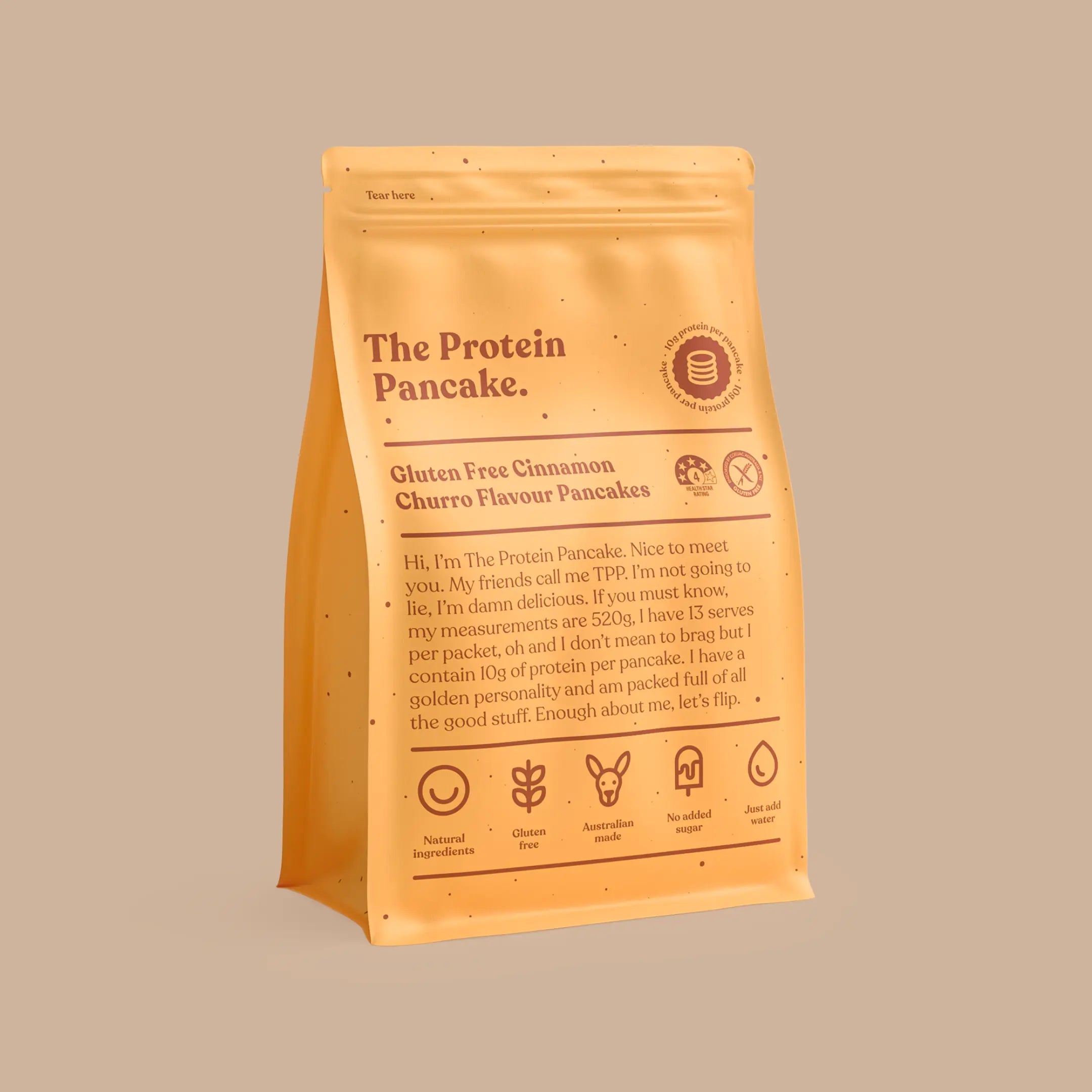 A blue protein pancake mix package with nutritional information and icons, against a blue background.