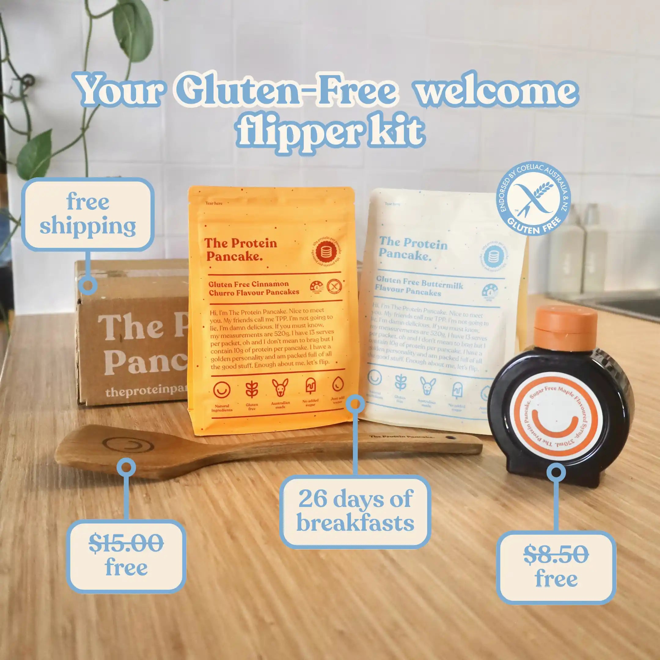 First Time Gluten Free Flipper Stack bundle — Gluten Free Buttermilk and Cinnamon Churro pancake mixes with flipper and syrup #Flavours_Gluten Free Buttermilk / Gluten Free Cinnamon Churro #Accessory_Flipper