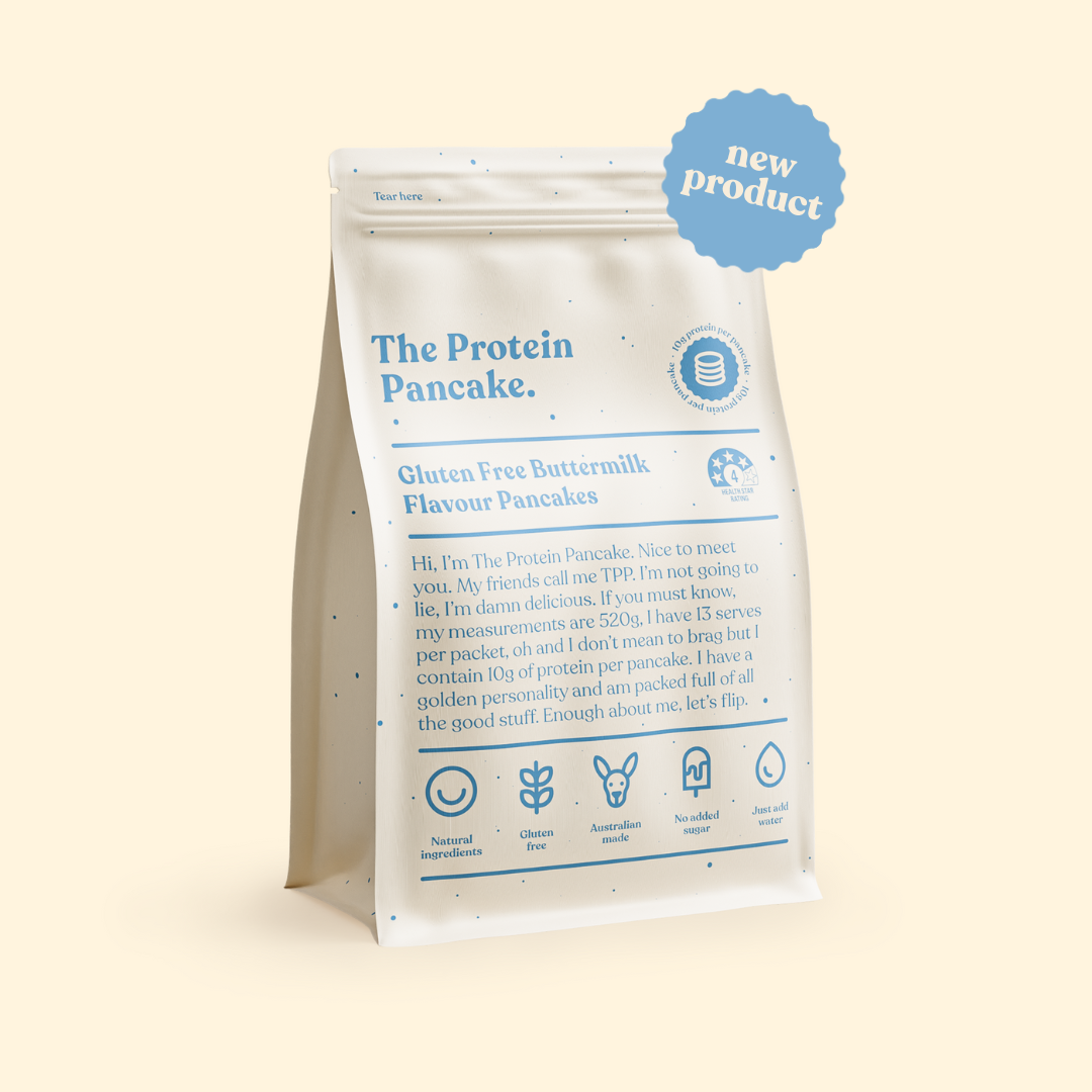 A blue protein pancake mix package with nutritional information and icons, against a blue background.